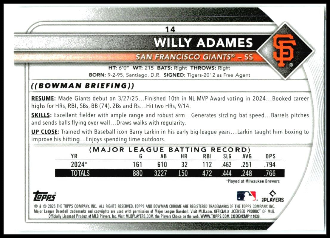 2025 Bowman Chrome Mojo Refractors #14 Willy Adames San Francisco Giants