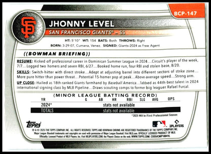 2025 Bowman Chrome Prospects #BCP-147 Jhonny Level San Francisco Giants