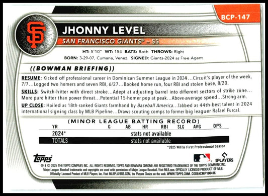 2025 Bowman Chrome Prospects #BCP-147 Jhonny Level San Francisco Giants