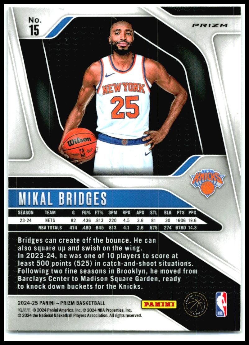 2024-25 Panini Prizm Prizms Silver #15 Mikal Bridges New York Knicks