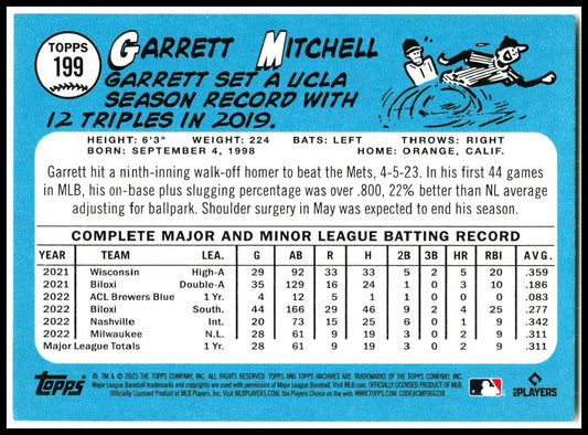2023 Topps Archives #199 Garrett Mitchell Rookie Milwaukee Brewers