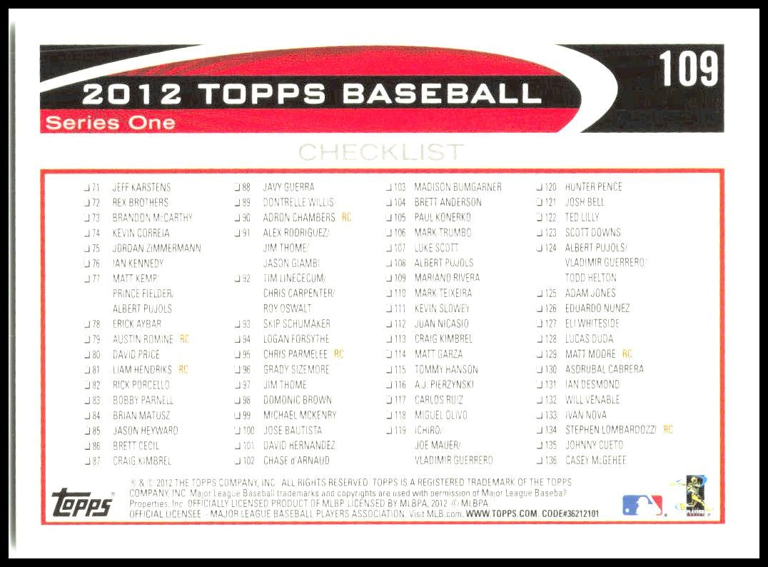 2012 Topps #109 Mariano Rivera New York Yankees