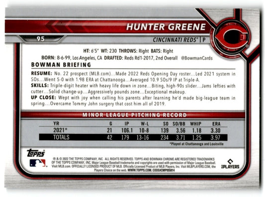 2022 Bowman Chrome Hunter Greene Rookie Cincinnati Reds #95