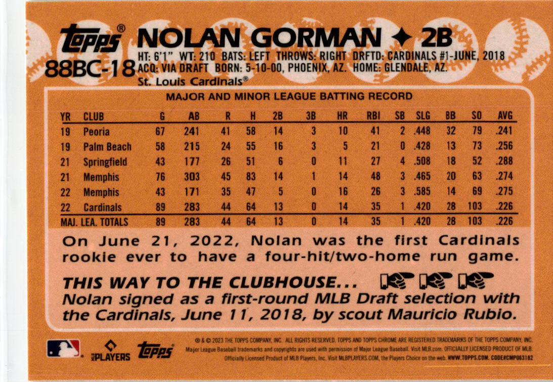 2023 Topps Chrome 1988 Topps Baseball #88BC-18 Nolan Gorman St. Louis Cardinals