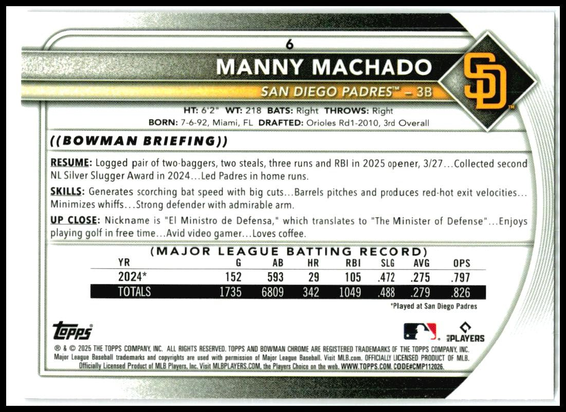 2025 Bowman Chrome Fuchsia #6 Manny Machado #/299 San Diego Padres