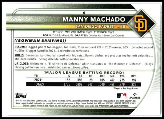 2025 Bowman Chrome Fuchsia #6 Manny Machado #/299 San Diego Padres