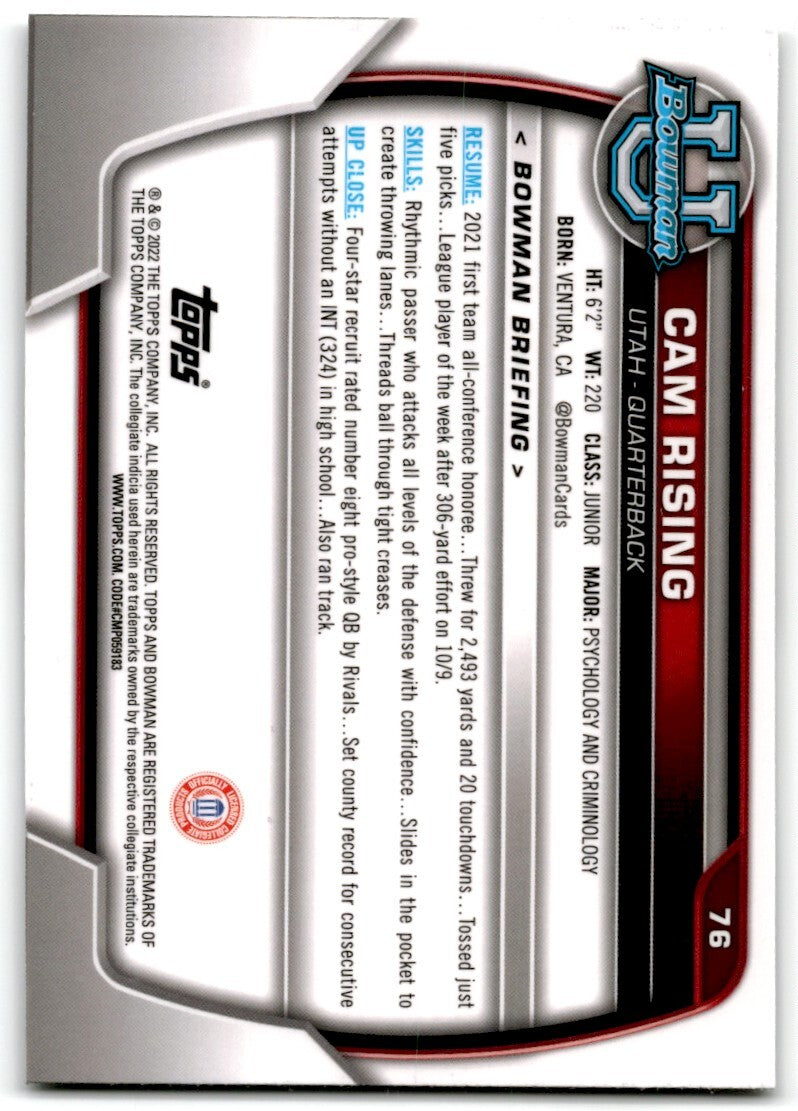 2022 bowman chrome university Cam Rising Utah Utes #76