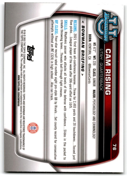 2022 bowman chrome university Cam Rising Utah Utes #76