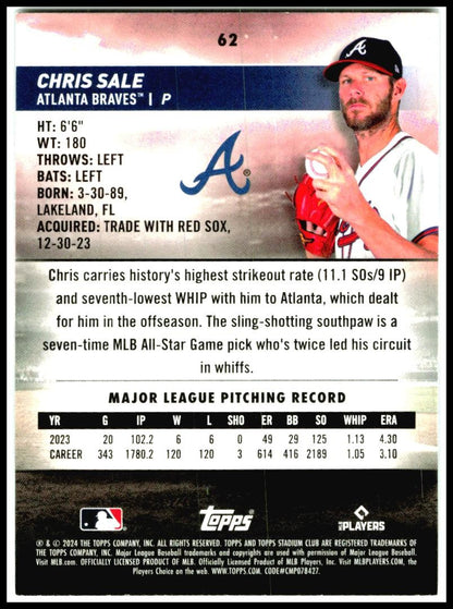 2024 Stadium Club #62 Chris Sale Atlanta Braves