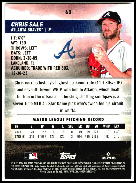 2024 Stadium Club #62 Chris Sale Atlanta Braves