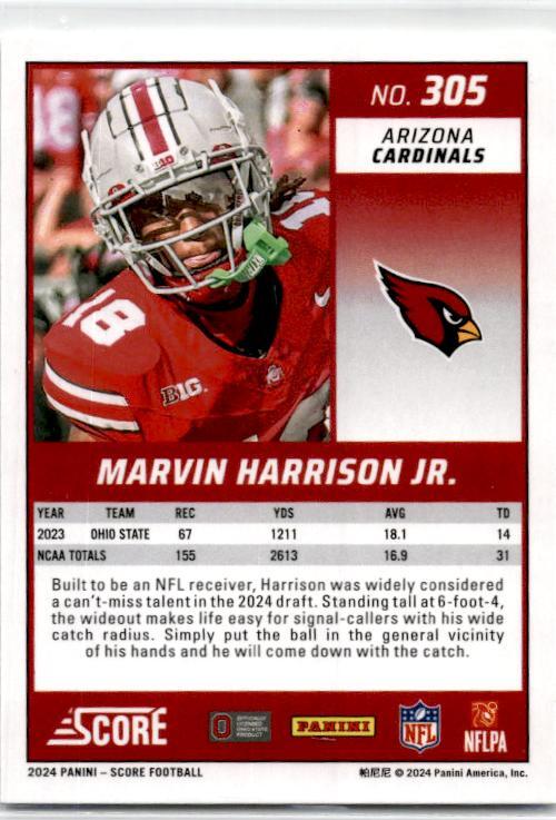 2024 Score Scorecard #305 Marvin Harrison Jr. Rookie Arizona Cardinals