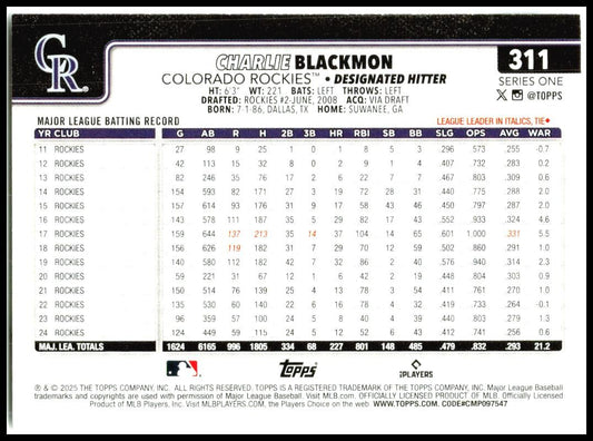2025 Topps #311 Charlie Blackmon Colorado Rockies