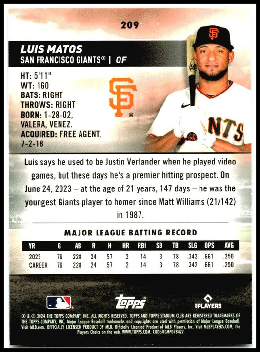 2024 Stadium Club #209 Luis Matos San Francisco Giants