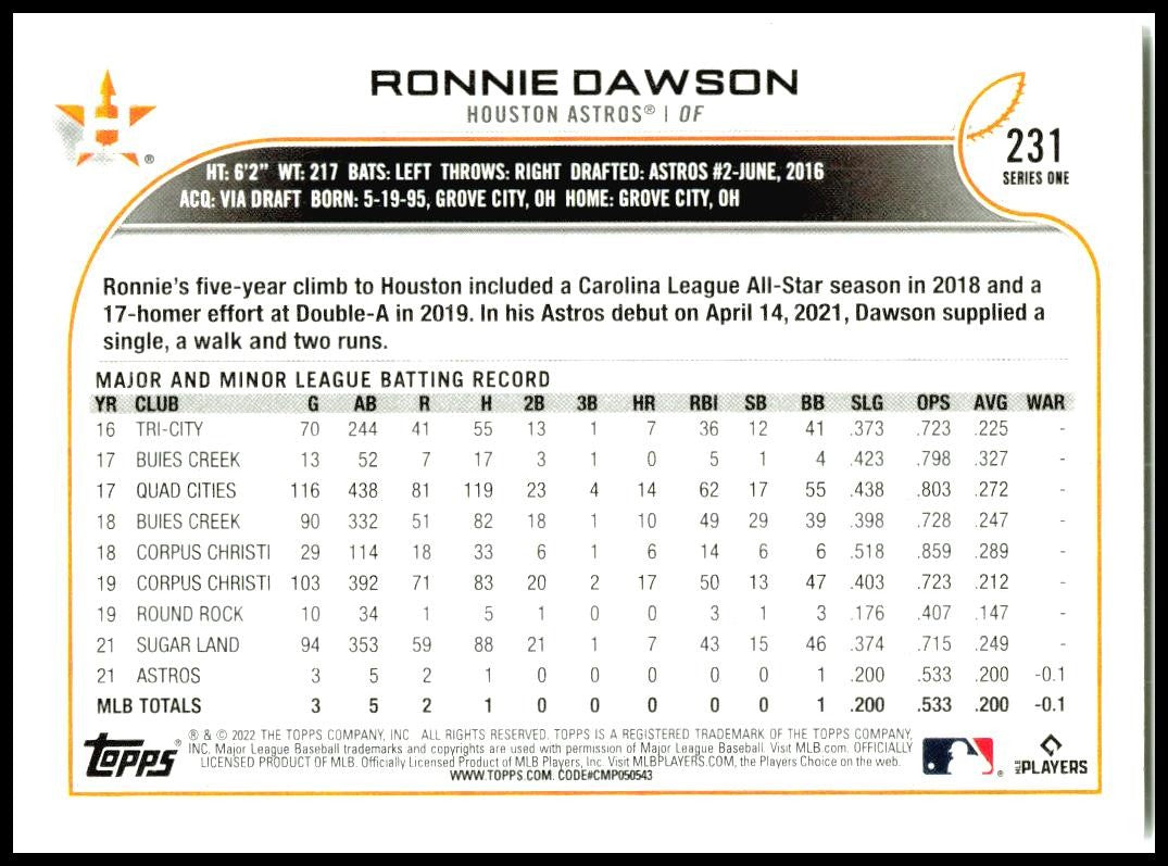 2022 Topps #231 Ronnie Dawson Rookie Houston Astros