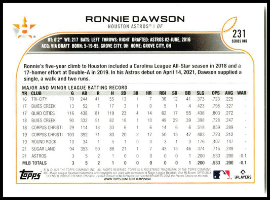 2022 Topps #231 Ronnie Dawson Rookie Houston Astros