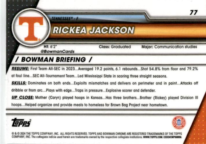 2023-24 Bowman University Chrome #77 Rickea Jackson Tennessee Volunteers