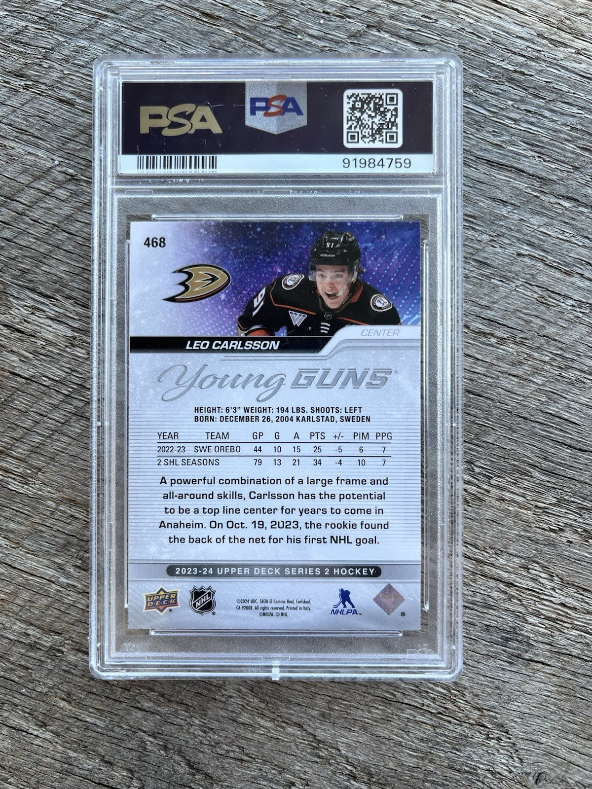 2023-24 Upper Deck #468 Leo Carlsson Young Guns RC - Graded PSA 9 Anaheim Ducks