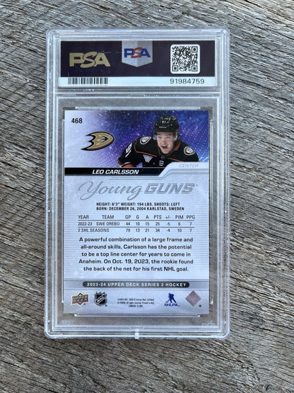 2023-24 Upper Deck #468 Leo Carlsson Young Guns RC - Graded PSA 9 Anaheim Ducks