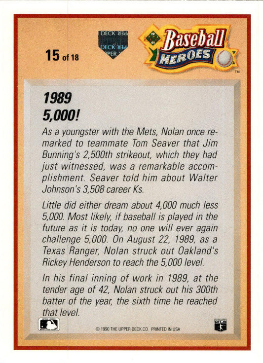 1991 Upper Deck Baseball Heroes: Nolan Ryan #15 Nolan Ryan Texas Rangers