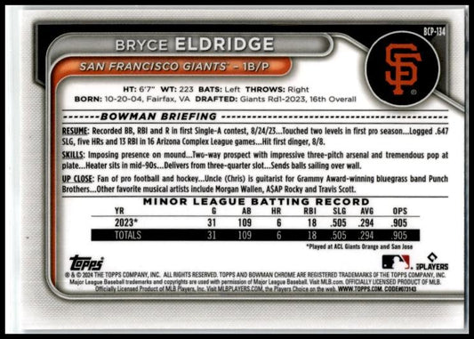 2024 Bowman Chrome Prospects #BCP-134 Bryce Eldridge San Francisco Giants