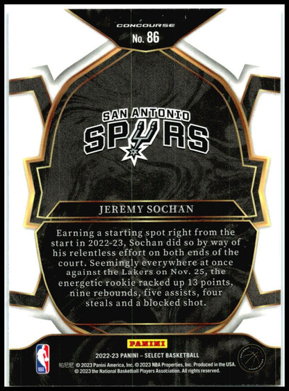 2022-23 Panini Select Blue #86 Jeremy Sochan Rookie San Antonio Spurs