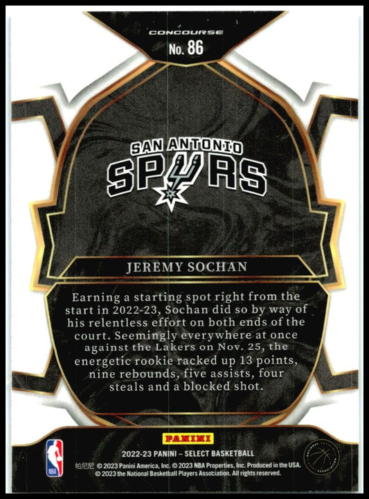 2022-23 Panini Select Blue #86 Jeremy Sochan Rookie San Antonio Spurs