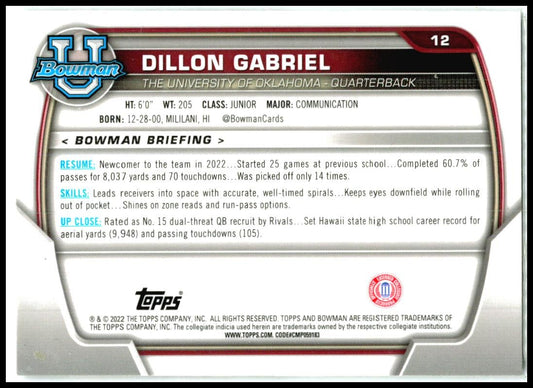 2022 Bowman University Chrome #12 Dillon Gabriel Oklahoma Sooners