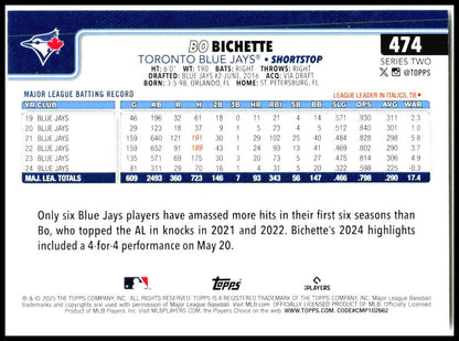 2025 Topps #474 Bo Bichette Toronto Blue Jays