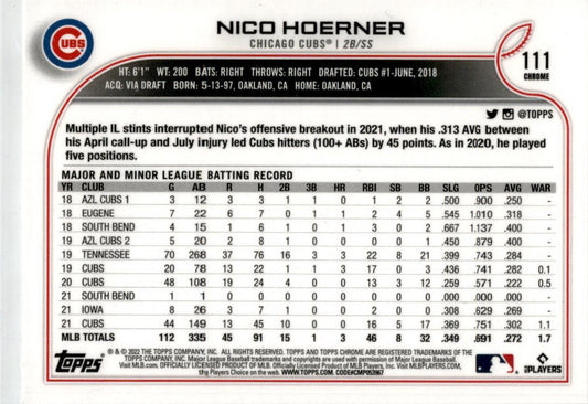 2022 Topps Chrome X-Fractor #111 Nico Hoerner Chicago Cubs