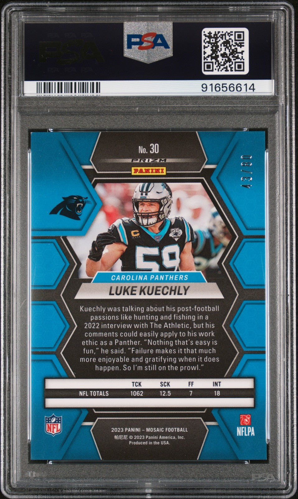 2023 Panini Mosaic Fusion Red & Yellow Choice #30 Luke Kuechly /80 PSA 9 Mint