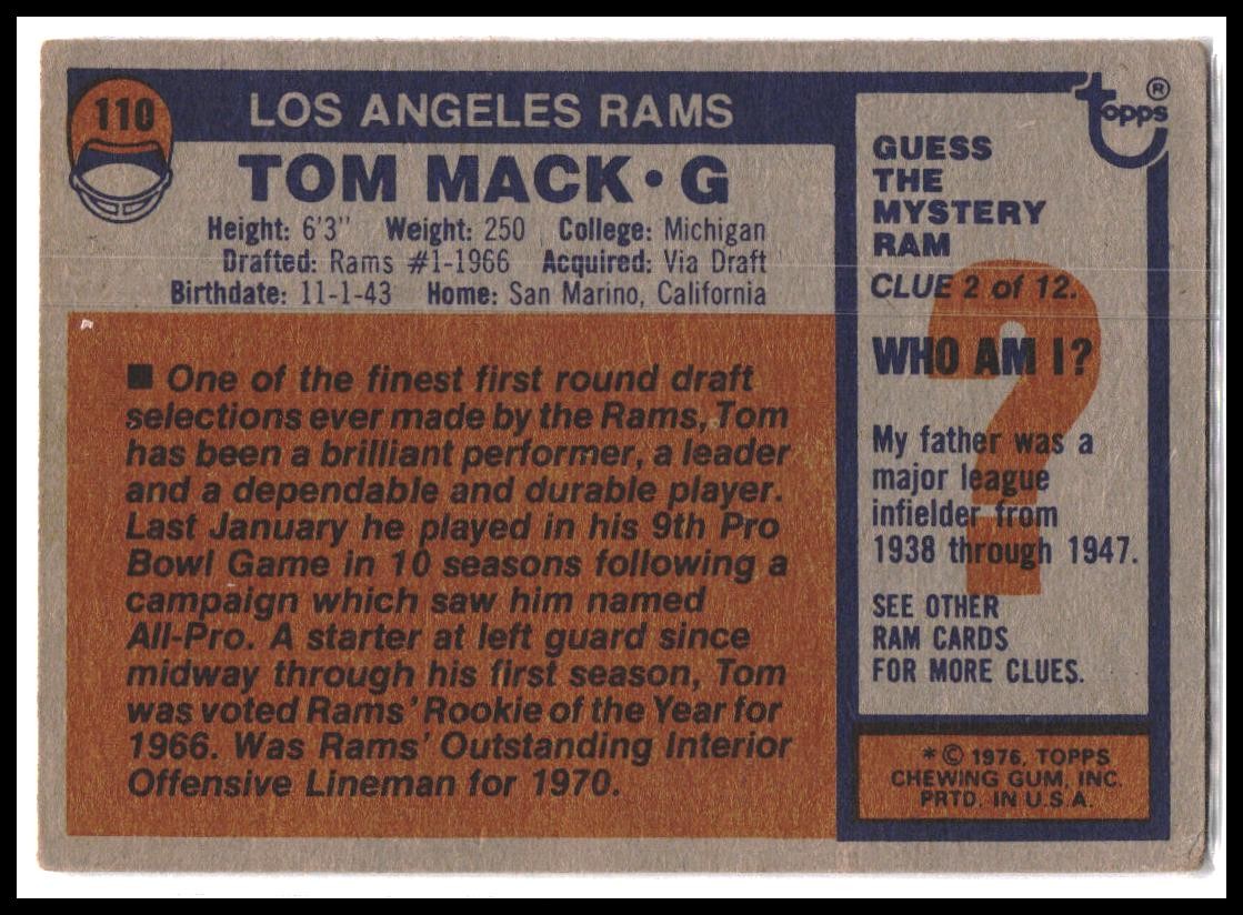 Tom Mack #110 1976 Topps