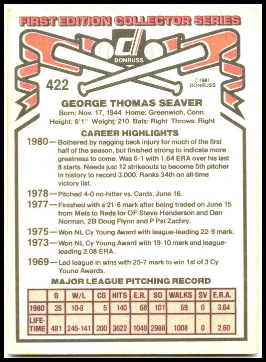 1981 Donruss #422 Tom Seaver Cincinnati Reds