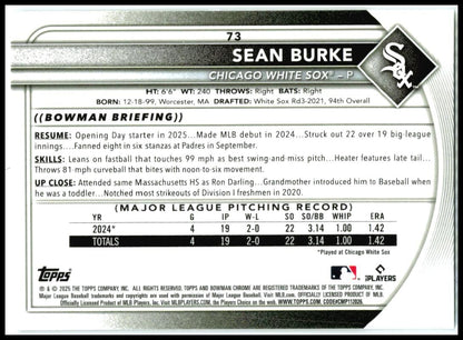 2025 Bowman Chrome #62 Sean Burke Rookie White Sox