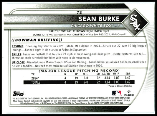 2025 Bowman Chrome #62 Sean Burke Rookie White Sox