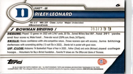 2023 Bowman University Chrome Purple #6 Riley Leonard Duke /399