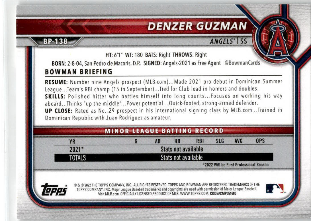 2022 Bowman #BP-138 Denzer Guzman Los Angeles Angels