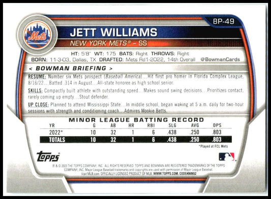 2023 Bowman #BP-49 Jett Williams New York Mets