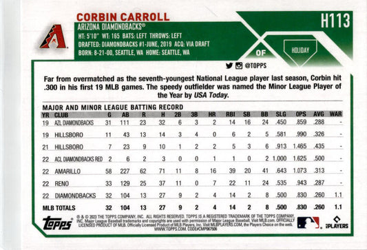 2023 Topps Holiday #H113 Corbin Carroll RC Arizona Diamondbacks