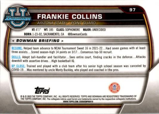 2022-23 Bowman University Chrome #97 Frankie Collins Arizona State Sun Devils