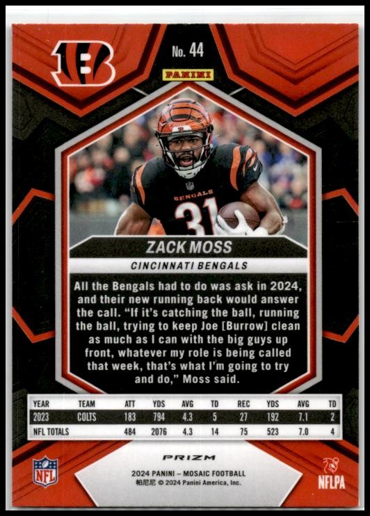2024 Panini Mosaic Mosaic Red #44 Zack Moss Cincinnati Bengals