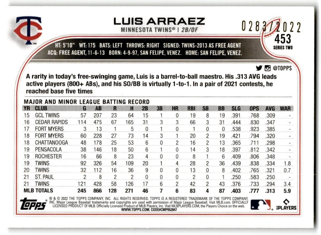 2022 Topps Gold Luis Arraez 2022 283 Minnesota Twins #453