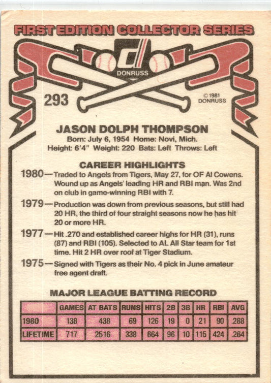 1981 Donruss #293 Jason Thompson California Angels