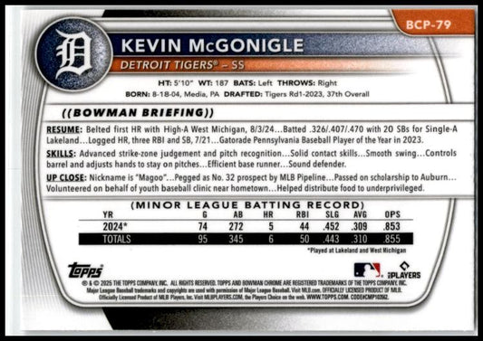 2025 Bowman Mojo Refractor #BP-79 Kevin McGonigle Detroit Tigers