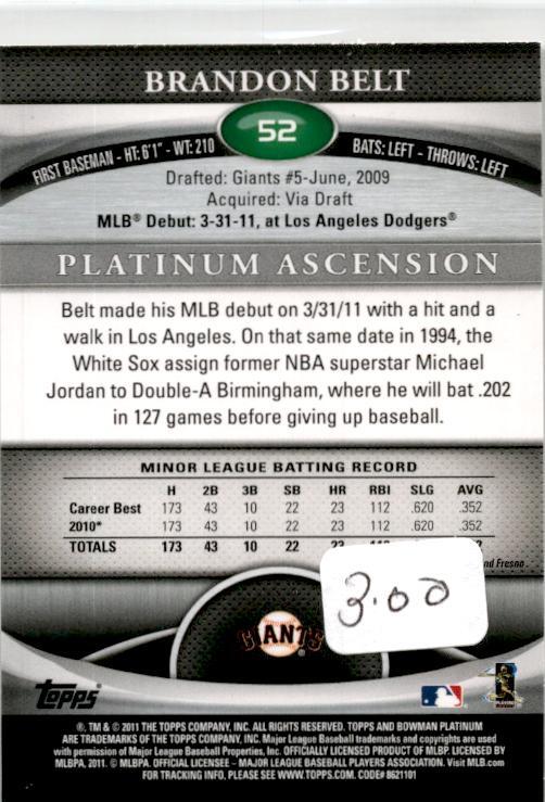2011 Bowman Platinum #52 Brandon Belt Rookie San Francisco Giants