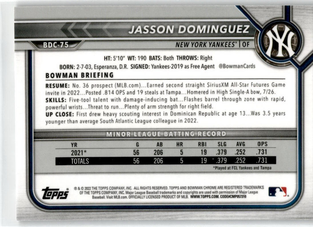 2022 Bowman Chrome Black and White Raywave #BDC-75 Jasson Dominguez Yankees