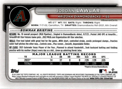 2024 Bowman #96 Jordan Lawlar Rookie Arizona Diamondbacks