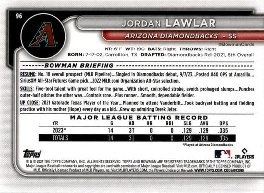 2024 Bowman #96 Jordan Lawlar Rookie Arizona Diamondbacks