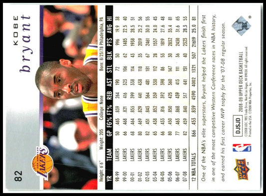 2008-09 Upper Deck #82 Kobe Bryant Los Angeles Lakers