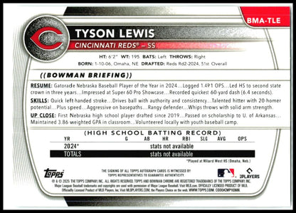 2025 Bowman Chrome Prospects Autos Mojo Refractor #BMA-TLE Tyson Lewis Auto Reds