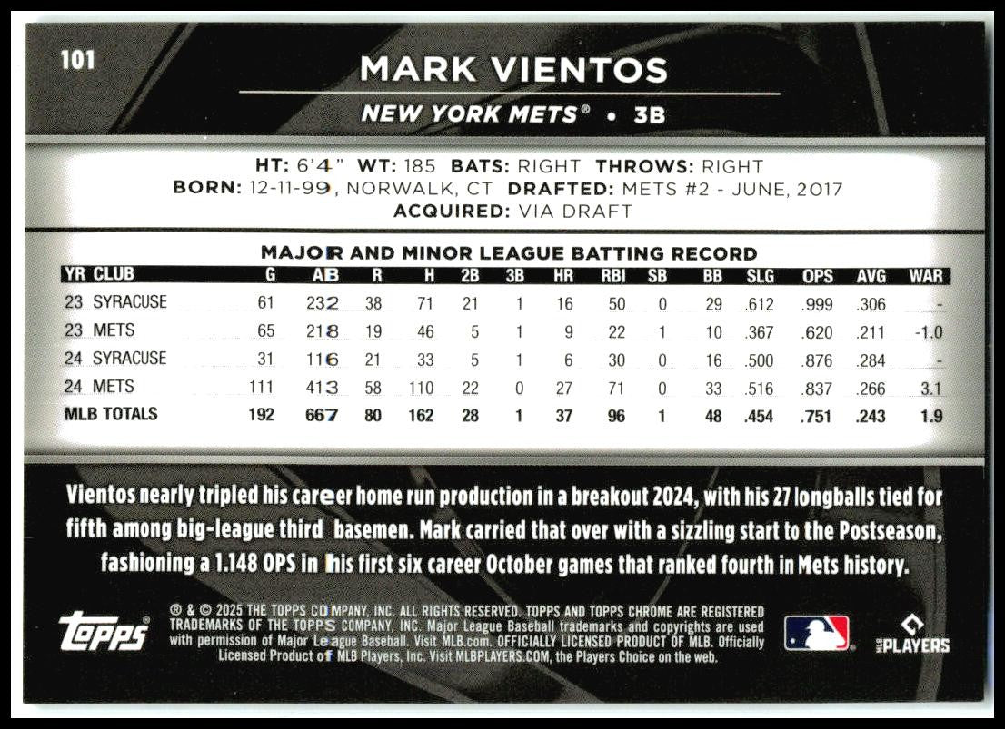 2025 Topps Chrome Black White Refractors #101 Mark Vientos #/10 New York Mets